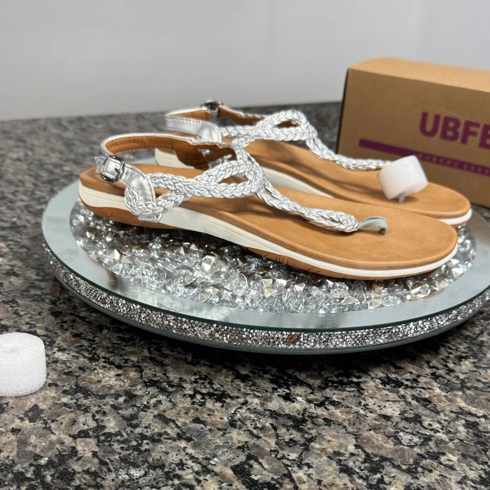 UBFEN metallic silver and Tan Braided Sandals NEW 10